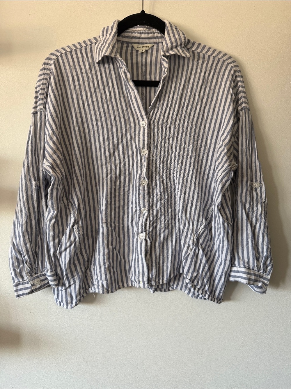 Max Studio|Striped Coastal Linen OS Cotton Button-Up Shirt|Blue/White|Small|EUC